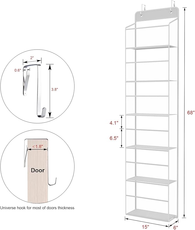 Univivi Over The Door Organizer Hanging Storage, Closet Door Organizer Baby Storage with 6 Clear Plastic Pockets & 2 Big Metal Hooks & Sticker for Cosmetics, Bathroom, Nursery and Sundries