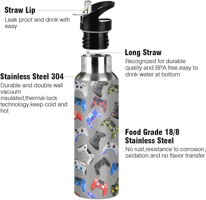 Gamer Gaming Weapon Gamepad Stainless Steel Water Bottle with Straw Lid - 20 Oz Sports Insulated Water Bottle Thermos for Sport Gym Outdoor Travel School