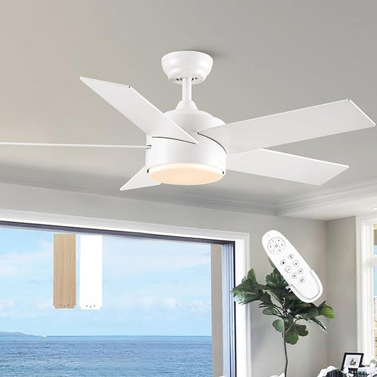 44 inch White Ceiling Fan with Lights and Remote Control, Dimmable Ceiling Fans with Lights,3-Color, Quiet Reversible 6-Speed, Wood Modern Ceiling Fan for Bedroom, Living Room, Dining Room