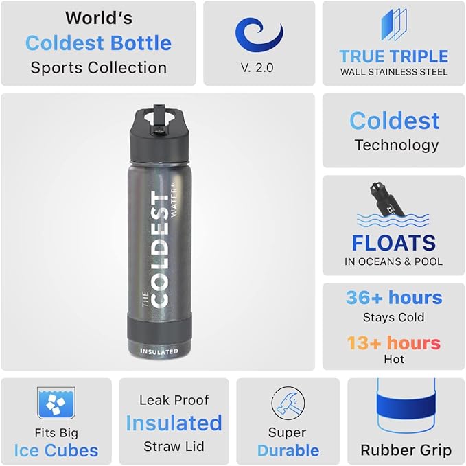 Coldest Sports Water Bottle with Straw Lid Vacuum Insulated Stainless Steel Metal Thermos Bottles Reusable Leak Proof Flask for Sports Gym (24 oz, Stardust Glitter)