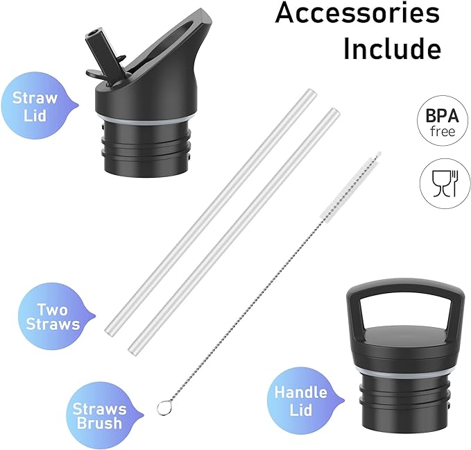 Stainless Steel Water Bottle with Straw - Insulated Water Bottle for Sports, Gym, School, Commute, Adults/Kids - Keep Cold for up to 24 Hours - Sweat/Leak-proof - 2 Lids - BPA Free