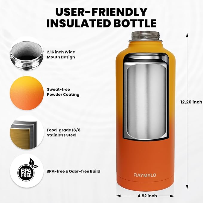 Insulated Water Bottle 87 oz, Triple Wall Vacuum Stainless Steel (Cold for 48 Hrs), Leak Proof & Non-BPA, Modern Water Flask Jug with Paracord Handle & Straw Spout Lids, Ombre Orange