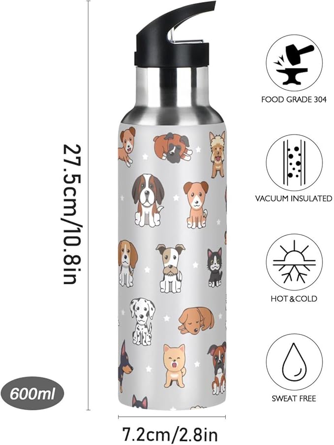 Cute Dog Stainless Steel Water Bottle with Straw Lid - 20 Oz Sports Insulated Water Bottle Thermos for Sport Gym Outdoor Travel School