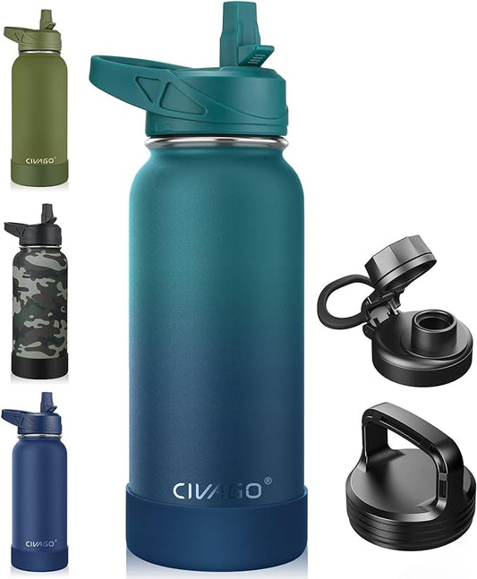 CIVAGO 32 oz Insulated Water Bottle With Straw, Stainless Steel Sports Water Cup Flask with 3 Lids (Straw, Spout and Handle Lid), Wide Mouth Travel Thermal Mug, Dark Night