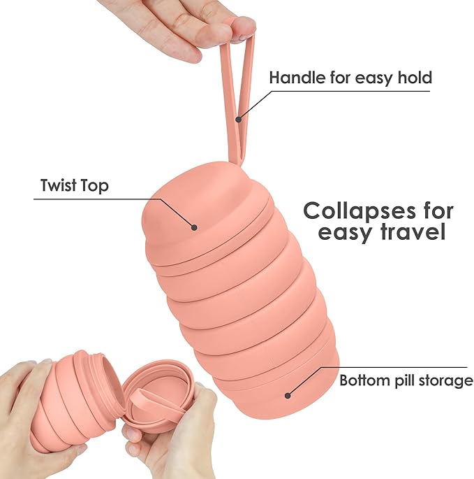 Collapsible Water Bottle 16 oz, Reusable Water Bottle, Travel Water Bottle, Pill Storage, On the Go, Outdoors, Lunch Bottle, BPA Free, Pill Storage. (Salmon)