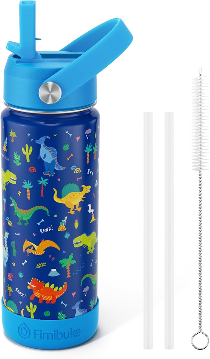 Fimibuke Kids Insulated Water Bottle - 18oz BPA-FREE 18/8 Stainless Steel Kid Cup with Straw Travel Tumbler Double Wall Vacuum Leak Proof Toddler Water Bottle for School Boy Girl(1 Pack,Blue Dinosaur)