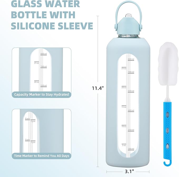 32 oz Glass Water Bottles with Straw Borosilicate Glass Water Bottle with Time Marker Motivational Water Bottles with Silicone Sleeve Leak Proof Reusable BPA Free