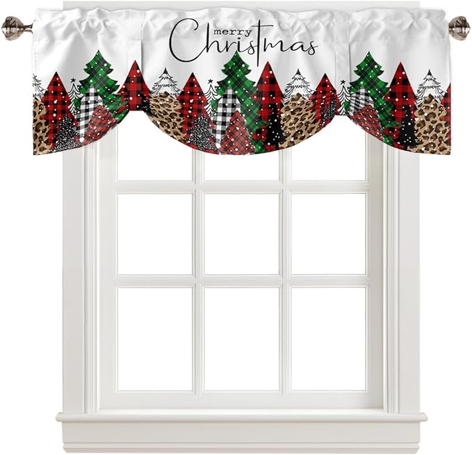 Merry Christmas Blackout Tie Up Valance Curtains for Kitchen Windows Buffalo Plaid Xmas Tree Winter Forest Farmhouse Window Toppers Balloon Shades for Living Room/Bath/Bedroom, 42" X 18", Red Green