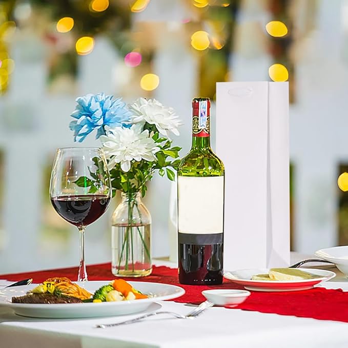 KEYYOOMY Wine Gift Bags - 10 Pack White Kraft Paper Wine Bottle Gift Bags with Handles for Wedding Birthday Housewarming Christmas Party Supplies(10CT,13.8x4.3x3.5 IN,White)