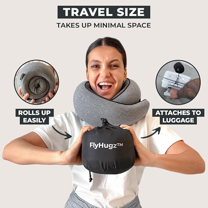 FlyHugz™ Neck Travel Pillow | Memory Foam Neck Pillow for Comfort on Airplane | Compact and Ergonomic Design for Travel, Car Rides, and Home Use | Ideal for Adults and Kids