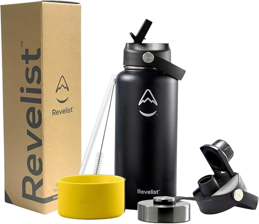 Revelist Sports Water Bottle - 32 Oz, 3 Lids (Straw Lid, Spout & Screw Top) with Boot, Vacuum Insulated Stainless Steel, Double Walled, Reusable Water Flask, Metal Canteen - Black & Yellow