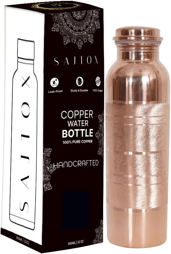 Pure Copper Water Bottle with Lid - 32 Oz – Ayurvedic Copper Water Bottle – Copper Water Vessel - Drink More Water Bottle Leak Proof - 950 ml (Silver Touch)