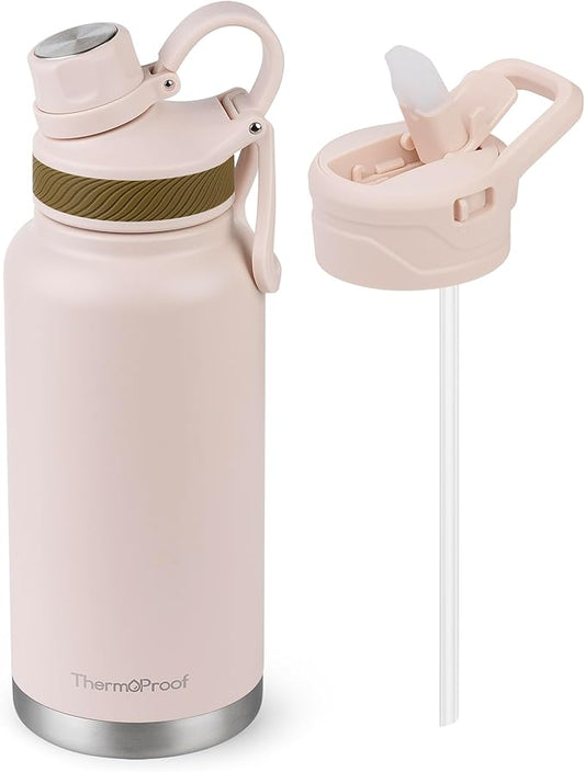 ThermoProof Double-Walled Vacuum Insulated Stainless Steel Water Bottle - Wide Mouth Canteen with Spout & Straw Lids, Dishwasher Safe, Reusable, Leakproof, BPA-Free - 32oz, Taupe