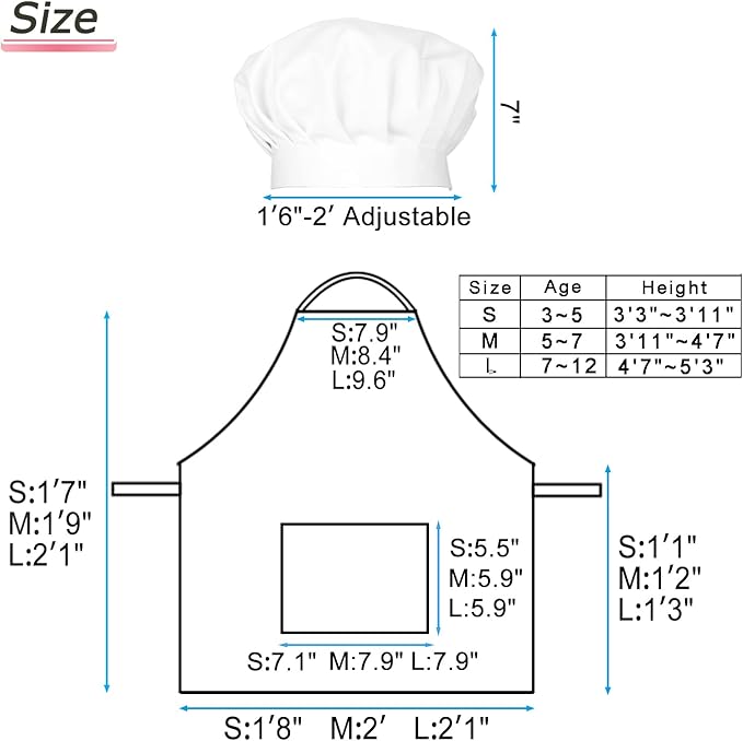 Kids Apron Chef Hat Set for Boys and Girls Adjustable Neck Strap Hook and Loop Fastener Design Waistband for Baking
