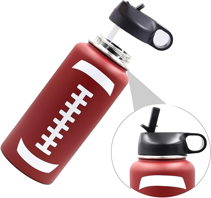 32 oz Football Water Bottle, Flask Sports with 2 Lids 18/8 Stainless Steel Travel Tumbler Double Wall Vacuum Insulated Hot/Cold (32oz, Football)