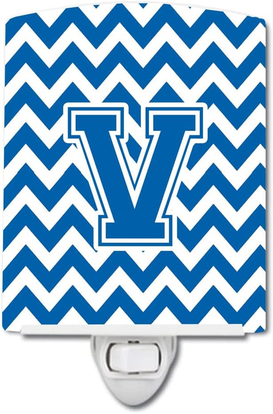 Caroline's Treasures CJ1056-VCNL Letter V Chevron Blue and White Ceramic Night Light Compact, UL-Certified, Ideal for Bedroom, Bathroom, Nursery, Hallway, Kitchen, 6x4x3, Multicolor