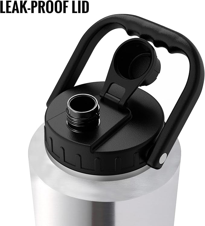 SkyWell Half Gallon Insulated Water Bottle with Handle and Wide Mouth Water Flask Sweat-Proof and Leak-Proof 64 Oz Water Jug for Outdoors, Silver