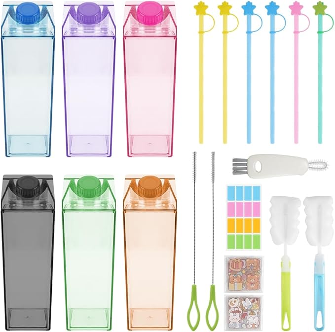 37PCS Milk Carton Square Water Bottle Set, Milk Carton Container 17oz for Refrigerator, Including Straw, Straw Lid, Straw Brush, Sponge Cup Brush, Cup Spout Brush, Label Sticker