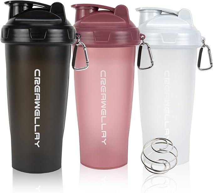 3 Pack Protein Shaker Bottle, 24 oz Protein Shaker Cup with Wire Shaker Ball for Pre Workout, Shake Bottle with Carrying Handle, BPA-Free & Dishwasher Safe (Black, White, Pink)