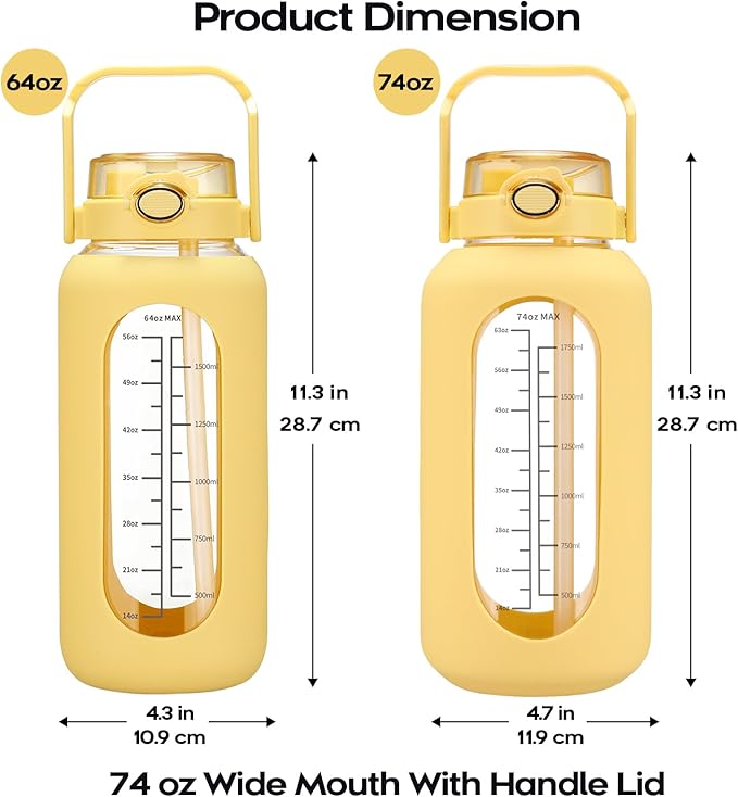 74 oz Glass Water Bolttles with Straw Large Motivational Water Bottle with Time Marker Sports Water Bottles with Silicone Sleeve and Handle Lid 2.2L Water Jug for Gym Workout