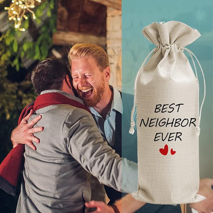 JioJio Chan Housewarming Gift Wine Bags, Housewarming Party Decorations, Burlap Drawstring Wine Bag, Funny Personalized Gift Ideas, New Home Owner Gift, Best Neighbor Ever, for Neighbor