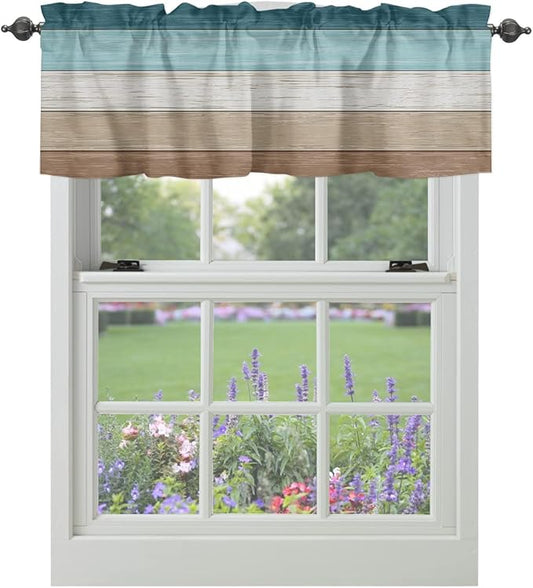 Farmhouse Kitchen Curtains Valances for Windows ,Teal Blue Brown Beach Rod Pocket Country Window Treatment for Kitchen /Living Room/Bedroom/ Bathroom,60" X 18" -1 Panel, Retro Rustic Barn Wood Texture