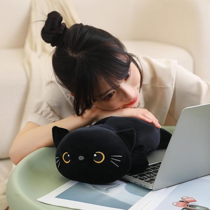 SQEQE Weighted Black Cat Plush, Weighted Black Cat Stuffed Animal for Anxiety, Cute Black Cat Plushies Soft Black Cat Pillow Toy Gift for Kids Adults 9.8 Inch, 0.8 lbs