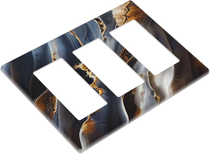 Gradient Abstract Ripple Blue Gold Marble Printed 3 Gang Rocker Light Switch Covers Triple Outlet Wall Plate Decorative Switchplate Cover Faceplate GFCI for Kitchen Bathroom Bedroom Decor