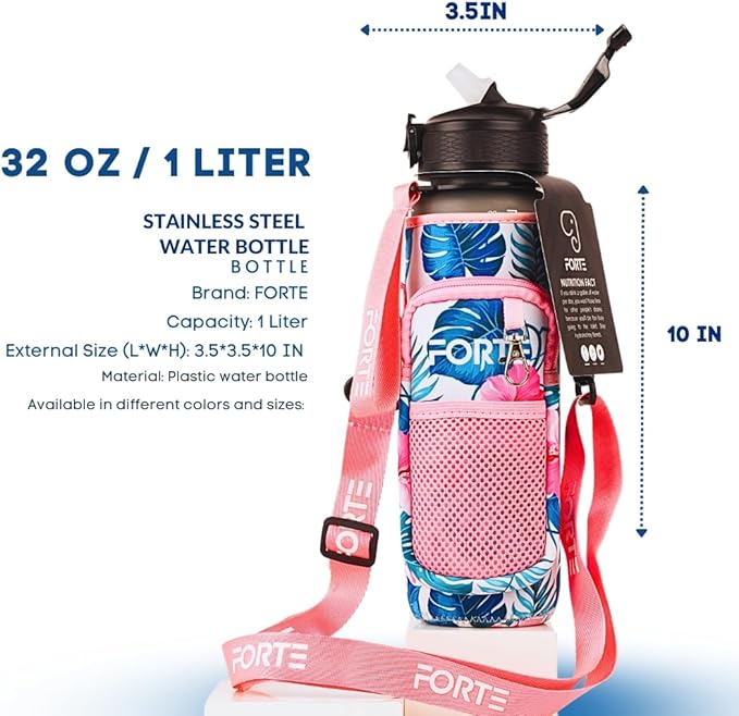 FORTE Plastic Water Bottle with Sleeve - BPA-Free Water Jug with Leak Proof Lid and Straw - Perfect for Gym, Office, and Everyday Use (Floral)