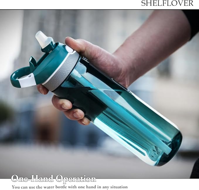 SHELFLOVER Dark Cyan Water Bottle With Narrow Straw, BPA FREE Clear Bottles With Handle One Hand Use Easy Carried, Flip Up, Suit School, Office, Gym, Office, 24oz (750ml)