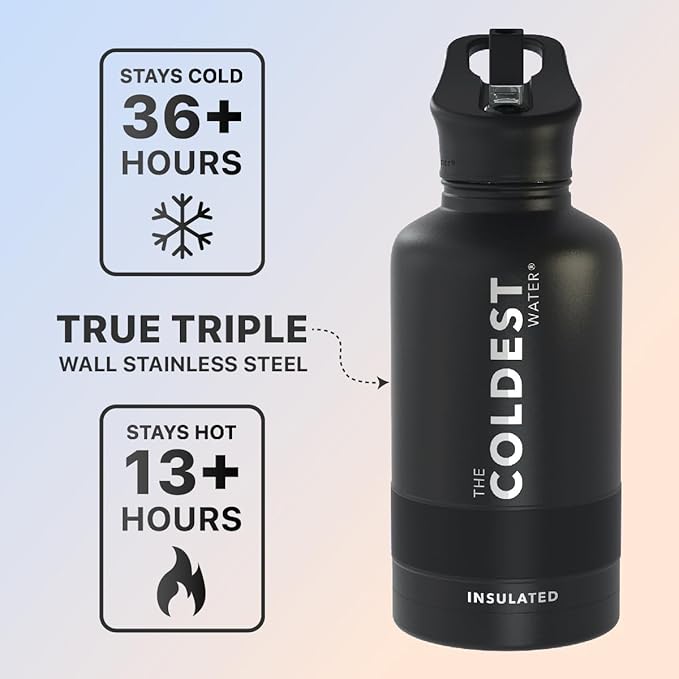 Coldest Sports Water Bottle with Straw Lid Vacuum Insulated Stainless Steel Metal Thermos Bottles Reusable Leak Proof Flask for Sports Gym (Stealth Black, 64 oz)