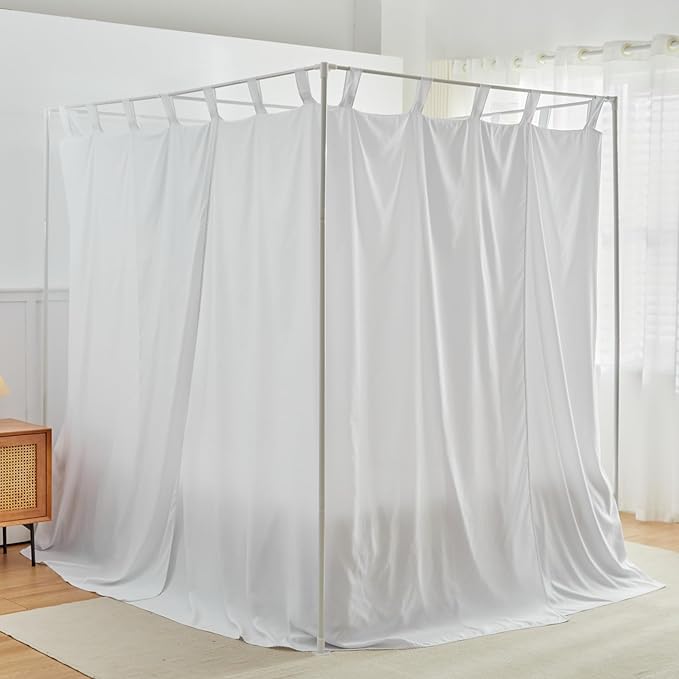 AIKASY White Canopy Bed Curtains with Top Ties and Tie Backs for Bedroom Decoration - Queen Size Bed Curtains with Windproof and Lightproof Features