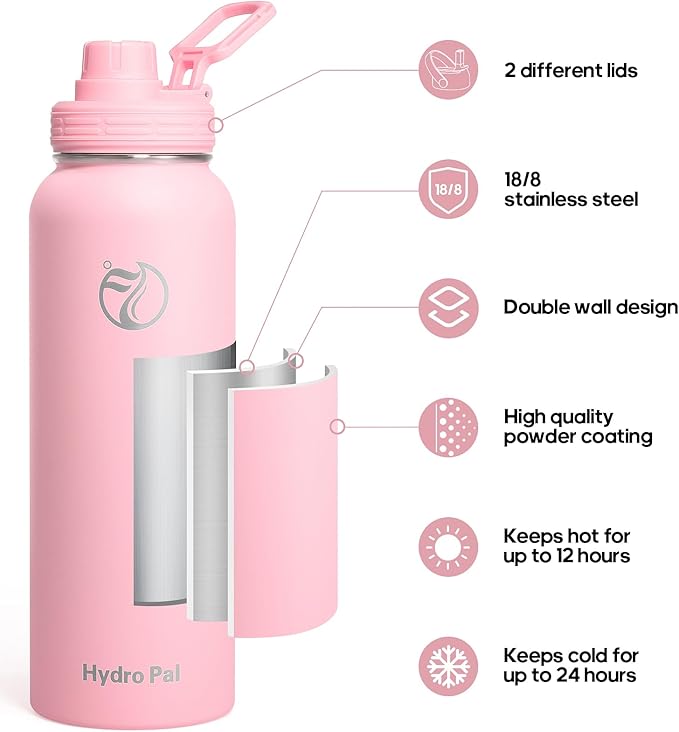 HydroPal Insulated Water Bottles 40 oz with 2 Leak Proof Lids & Water Bottle Holder, Wide Mouth Sport Water Bottle with Straw, Reusable Stainless Steel Water Flask, Double Walled Vacuum Thermos