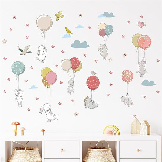Colorful Balloon Cute Rabbit Wall Decal Floral Cloud Bunny Wall Stickers Nursery for Bedroom Girls Decor