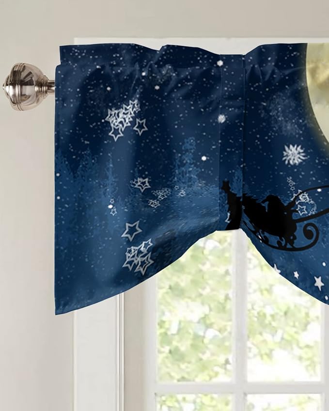 Christmas Blackout Tie Up Valance Curtains for Kitchen Windows Santa Claus Reindeer Window Toppers Balloon Shades for Living Room/Bathroom/Bedroom,1 Panel,54" X 18" Blue Snowy Night