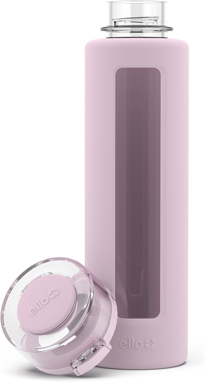 Ello Syndicate Glass Water Bottle with One-Touch Flip Lid and Protective Silicone Sleeve and Carry Loop, BPA Free, Dishwasher Safe,20oz