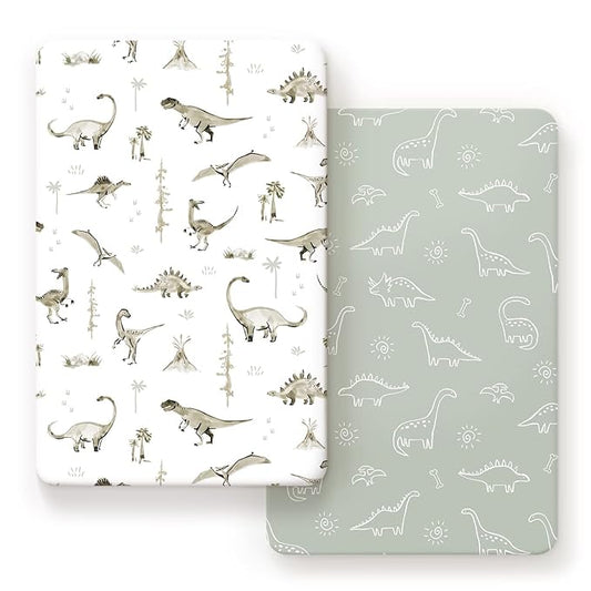 GRSSDER Pack n Play Sheets Fitted 2 Pack, Stretchy Ultra Soft Pack and Play Sheets, Universal Fitted Portable/Mini Crib Mattresses Snug and Safe, Jersey Crib Sheets for Boys, Dinosaurs