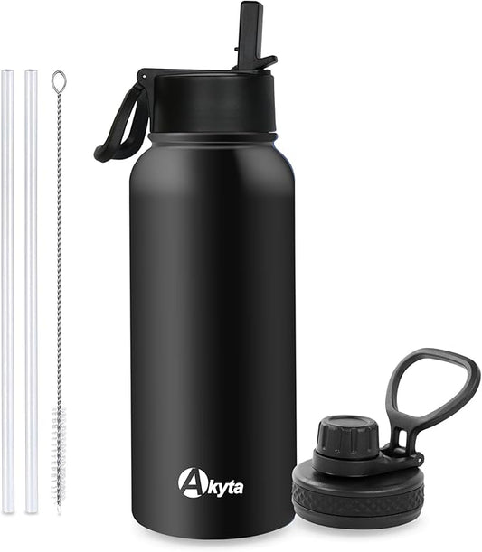 32 Oz Water Bottle, Sports Water Bottle with Straw Lid, Vacuum-Insulated Stainless-Steel, Double-walled Thermos Water Bottle (Black, 32 OZ)