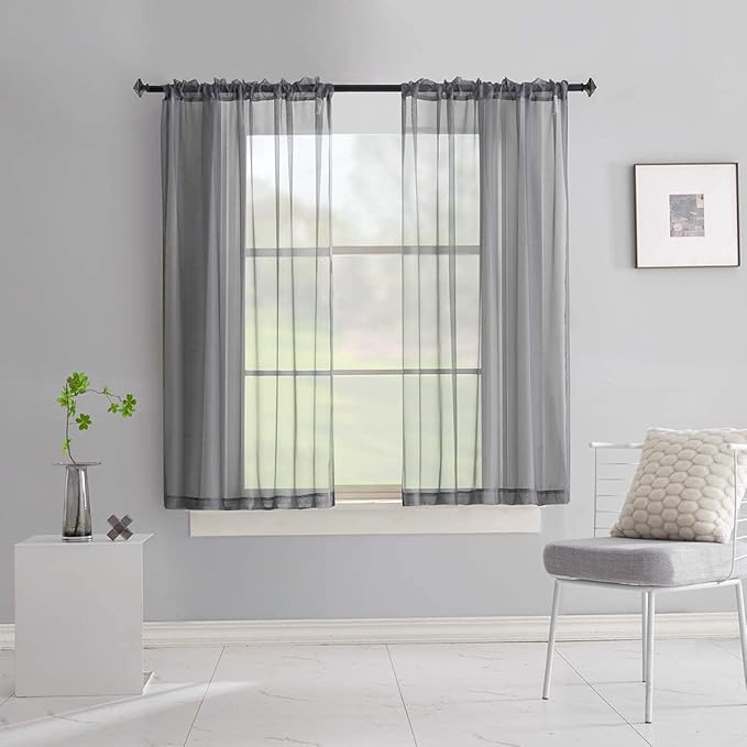 Gray Sheer Voile Curtains 72 Inches long Translucent Solid Color 2 Panels Rod Pocket Grey Sheer Drapes 72 Inch Length for Bedroom Living Room 2 Panels 52x72