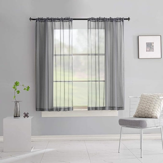 Gray Sheer Voile Curtains 72 Inches long Translucent Solid Color 2 Panels Rod Pocket Grey Sheer Drapes 72 Inch Length for Bedroom Living Room 2 Panels 52x72