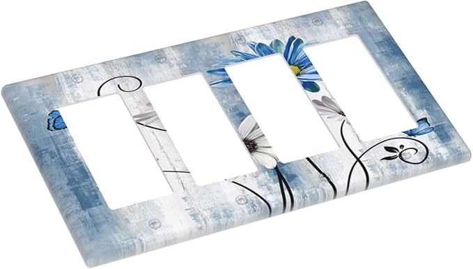 Rustic Teal Blue Daisy Floral 4 Gang Rocker Decora Light Switch Cover Outlet Covers Wall Plate Decorative Switchplate Electrical Faceplate GFCI for Country Bathroom Bedroom Kitchen Decor