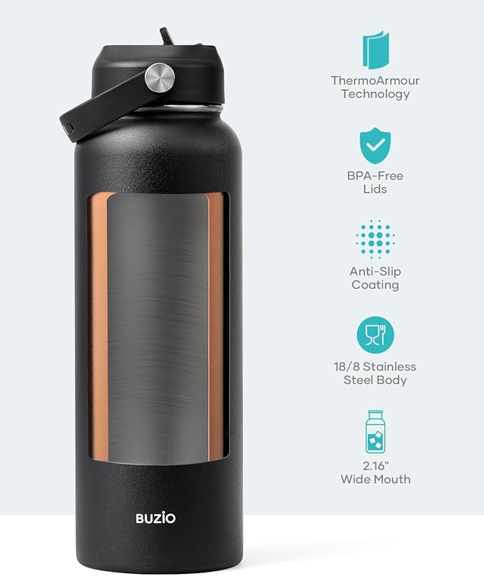 BUZIO Double Wall Stainless Steel Sports Wide Mouth Water Bottle, BPA-Free Flex Cap and Straw Lid, 40 Ounces & 32 Ounces Water Bottle