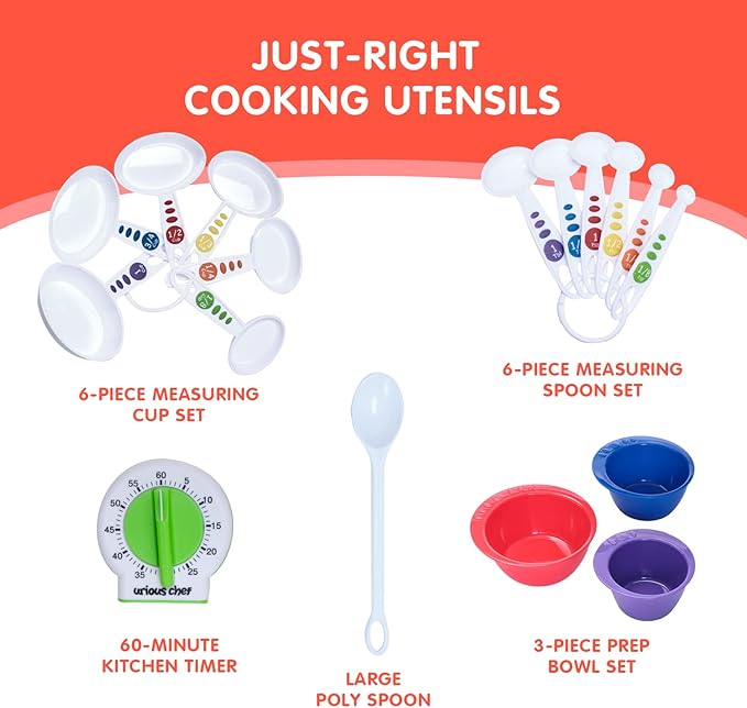 Curious Chef 17-Piece Cookware for Kids, Measure & Prep Kit, Dishwasher Safe Tools, Made with BPA-Free Plastic, Includes Real Utensils - Measuring Cups, Spoons, Bowl Set, Kitchen Timer & More