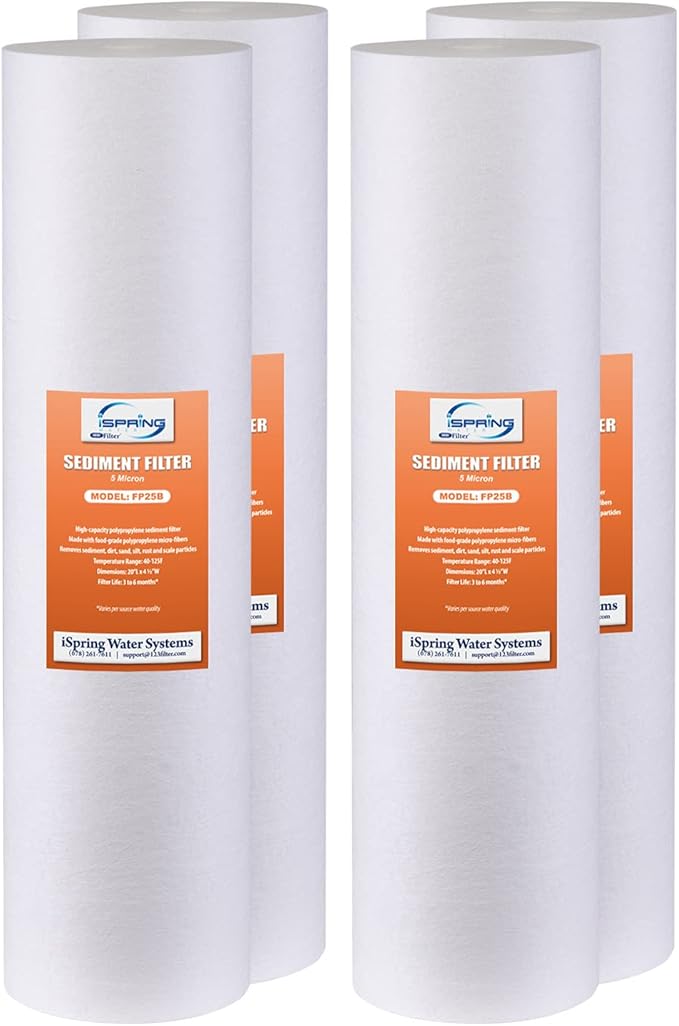 iSpring FP25BX4 High Capacity 20” x 4.5” Water Replacement Cartridge Fine Sediment Filter, 4 pieces / 5 microns, White, 4 Count