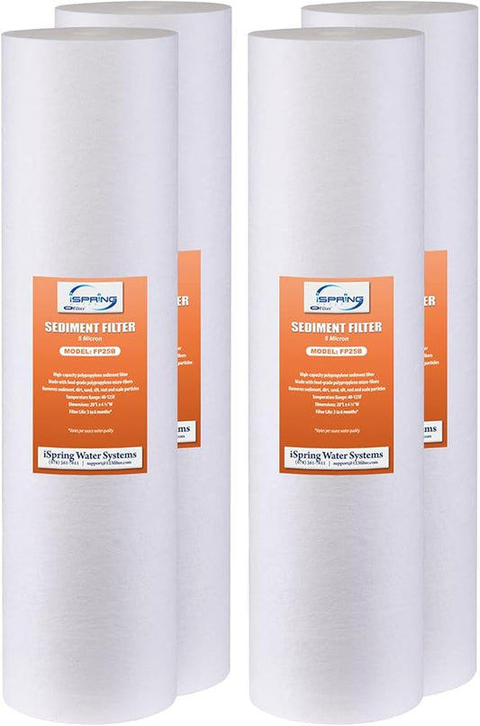 iSpring FP25BX4 High Capacity 20” x 4.5” Water Replacement Cartridge Fine Sediment Filter, 4 pieces / 5 microns, White, 4 Count