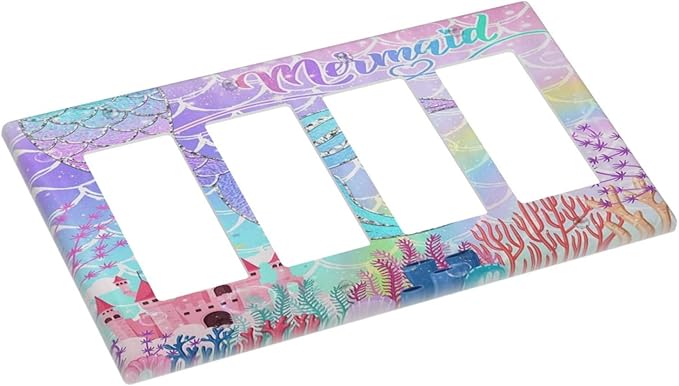 Silvery Glitter Cute Mermaid Tail Fantasy Castle 4 Gang Rocker Decora Light Switch Cover Outlet Covers Wall Plate Decorative Switchplate Electrical Faceplate GFCI for Kidroom Nursery Bedroom Decor