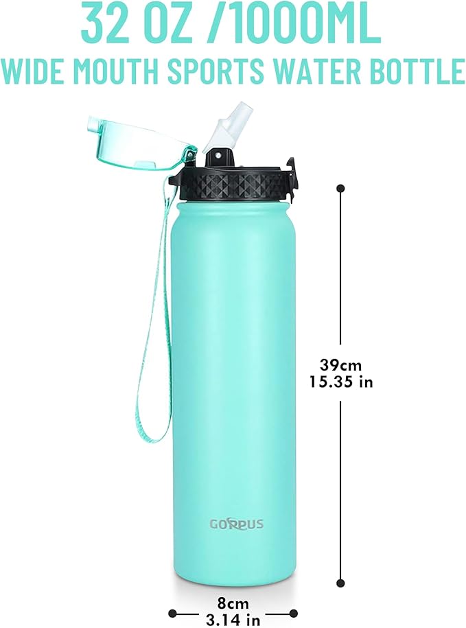 GOPPUS 32 oz Sports Water Bottle 1 Liter Double Wall Insulated Stainless Steel Water Bottles with Straw Lid Reusable Leak proof Metal water bottles with Strap Handle(Green 1 lid)