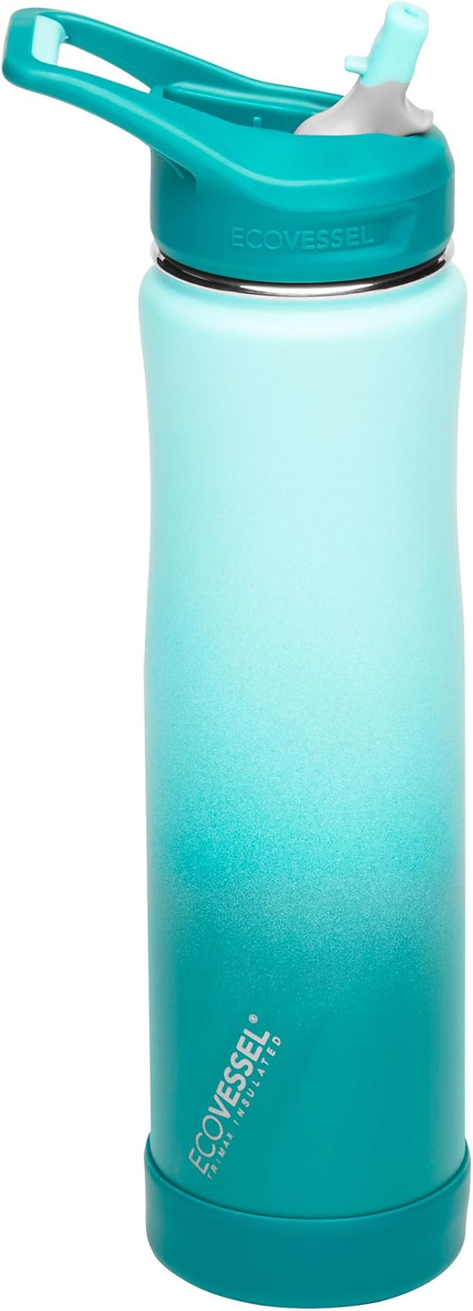 EcoVessel Summit, Insulated Stainless Steel Water Bottle with Straw and Handle Flip Top Lid and Silicone Bottle Bumper – 24 ounces (Green Ombre)