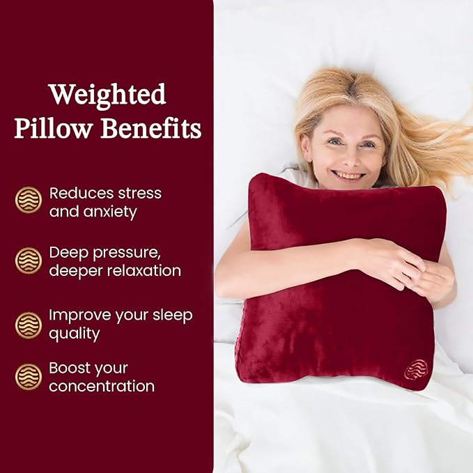 Plush Weighted Pillow 9lbs - Enhances Relaxation and Comfort with Ultra Plush Cooling Fabric - Cool Alternative to Weighed Blanket - Glass Beads Weight, Machine Washable (Velvet, Maroon)
