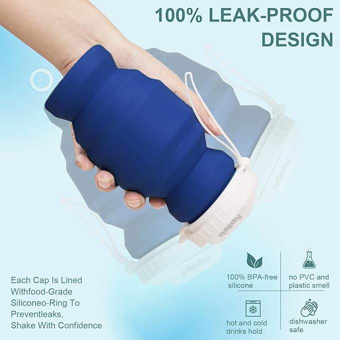 Collapsible Water Bottles 20.7oz Leakproof with Straw Lid Food-Grade BPA-Free Silicone Travel Foldable Water Bottles for Sports Office Gym Hiking Driving 610ML (navy blue little 320ml)